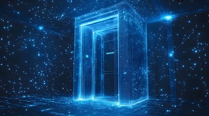 Step into a digital realm with this futuristic elevator. Blue wireframes and glowing dots create a cyberspace ambiance. Ideal for tech, gaming or sci-fi themes. Abstract dark blue wireframe