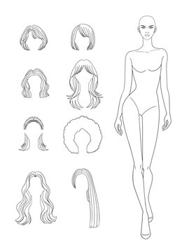 Mix and match fashion outline sketch croquis figurines female body with different hairs in vector.