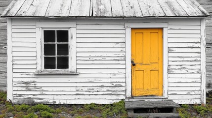 Fototapeta premium Vintage Cottage: The classic facade of a quaint vintage cottage, highlighting the contrast between a bright yellow door, a weathered white wooden wall and a singular window.