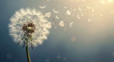 Obraz premium Delicate hearth shaped dandelion seed head caught in gentle breeze.