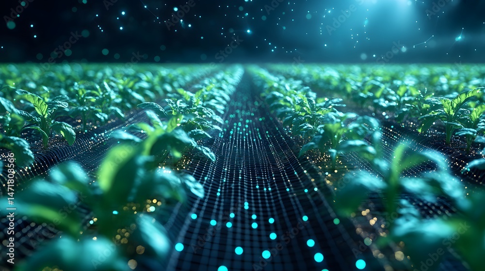 Poster a high-tech, futuristic farm scene showcasing rows of young plants overlaid with a digital network. 