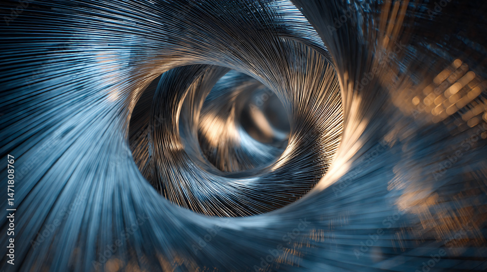 Poster abstract image of swirling metallic blue and gold strands creating a vortex effect, suggesting movem