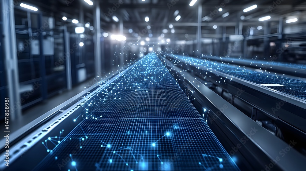 Poster Futuristic industrial scene with a complex conveyor belt system overlaid with a digital network. Data flows across the warehouse floor, highlighting automation. Abstract dark blue wireframe.