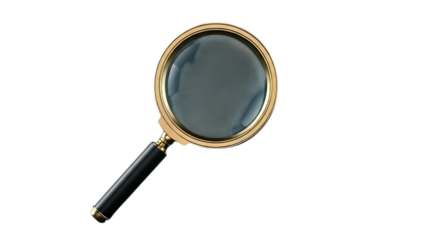A vintage magnifying glass, poised for discovery, its golden frame gleaming against a stark white background, promising untold secrets and intriguing details.