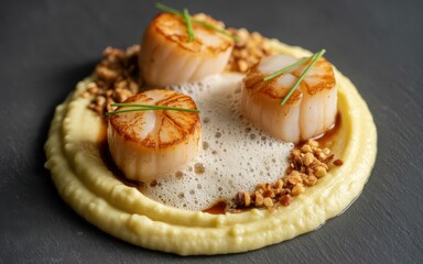 Seared Scallops on Cauliflower Puree with Nut Crumble and Delicate Foam.