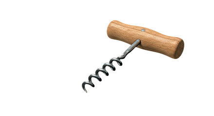 A simple, elegant corkscrew with a smooth wooden handle, ready to uncork a bottle of fine wine, promising relaxation and enjoyment against a clean white background.