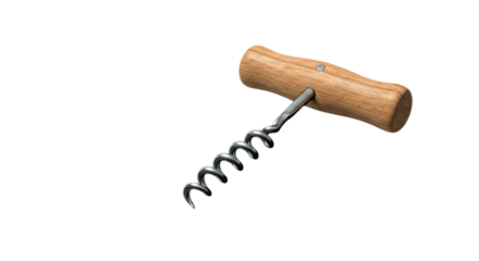 A simple, elegant corkscrew with a smooth wooden handle, ready to uncork a bottle of fine wine, promising relaxation and enjoyment against a clean white background.