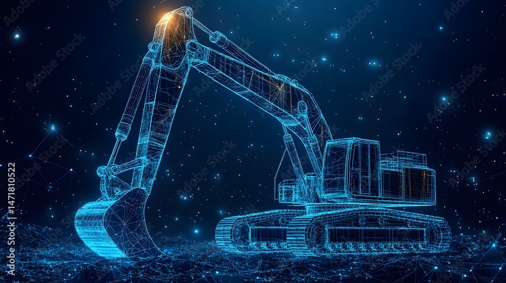 Aufkleber futuristic excavator wireframe glows against a starlit sky, representing advanced technology and con