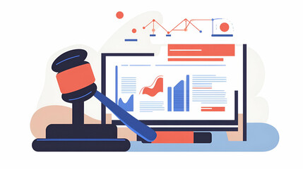 Gavel and Computer Screen with Data Charts: Legal Analytics Illustration