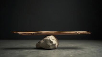 Wooden plank balanced on a single stone demonstrating equilibrium in an abstract symbolic composition.