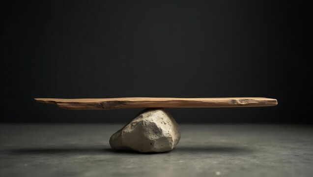 Wooden plank balanced on a single stone demonstrating equilibrium in an abstract symbolic composition.