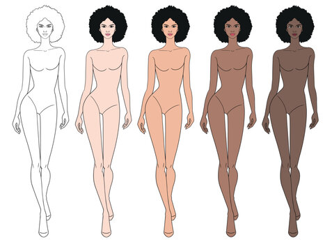 Colored skin tones fashion croquis figurines with afro hair woman in vector.