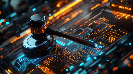 Gavel on Circuit Board: Digital Justice Concept
