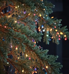 Frosty pine branches intertwined with colorful Christmas lights ,  vibrant,  twinkling lights