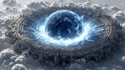 Celestial Convergence: A Futuristic Metropolis Enveloping a Glowing Orb Amidst Clouds