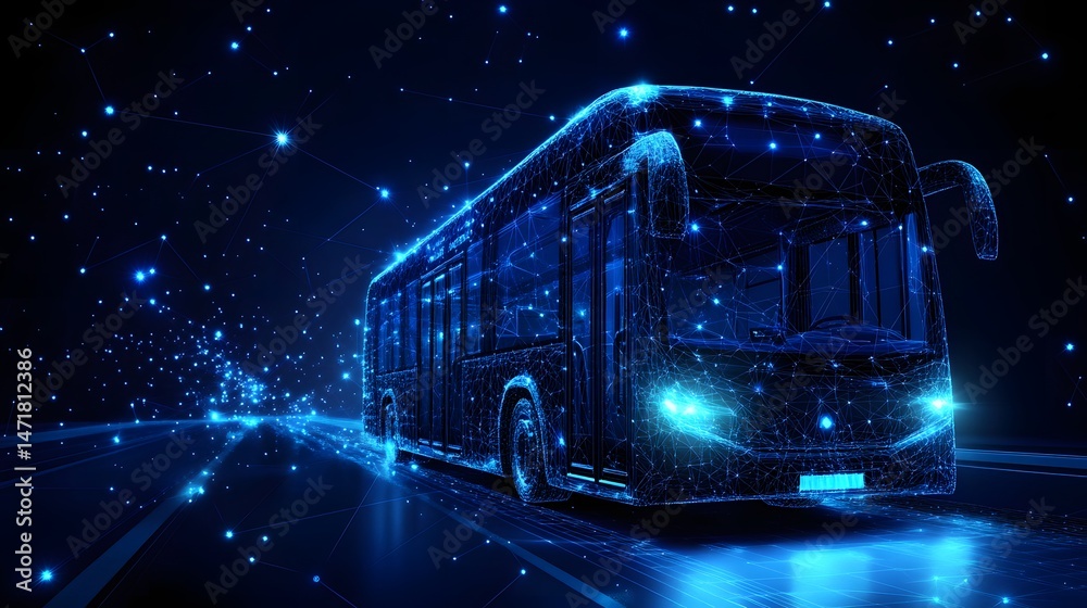 Poster a futuristic blue wireframe bus navigates a connected digital landscape, symbolizing innovation. ide