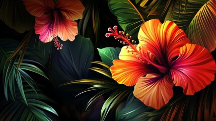 Tropical Hibiscus Flowers with Dark Leaves.