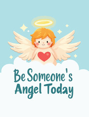 Flat vector collection for Be An Angel Day showing cute angel characters helping others, giving food, supporting animals, environmental acts, minimal style, solid colors only, no raster or gradient
