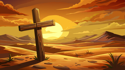 Weathered wooden cross rests in desert sand, bathed in warm sunset light. Very beautiful
