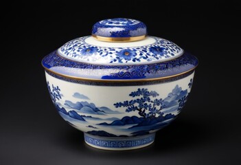 There is a blue and white bowl with a black-on-bottom lid above it