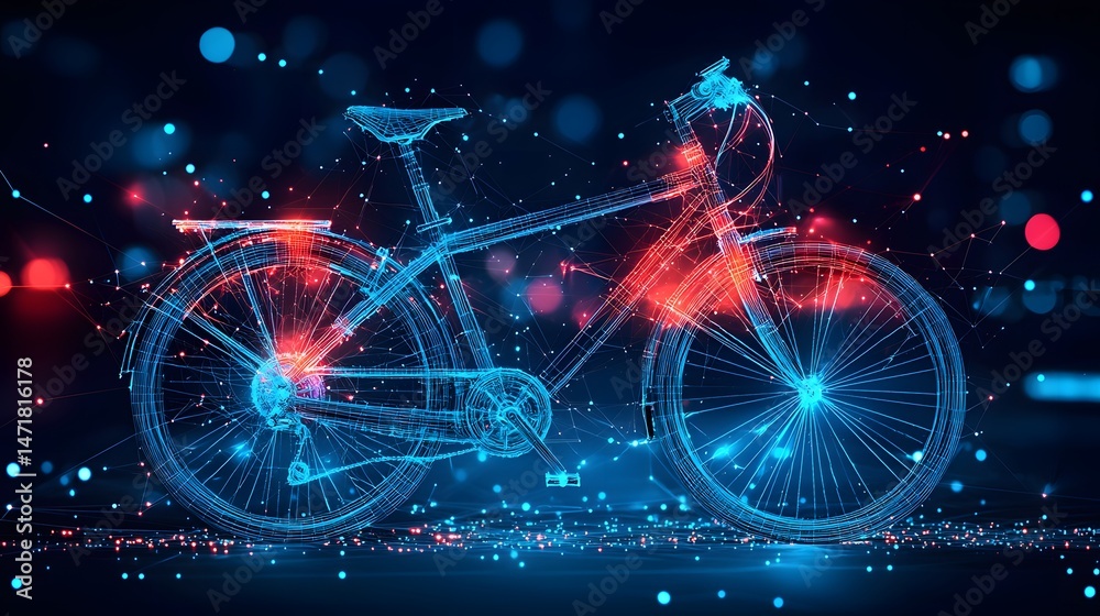 Poster futuristic bicycle wireframe glows with vibrant blues and reds against a dark backdrop, creating a m