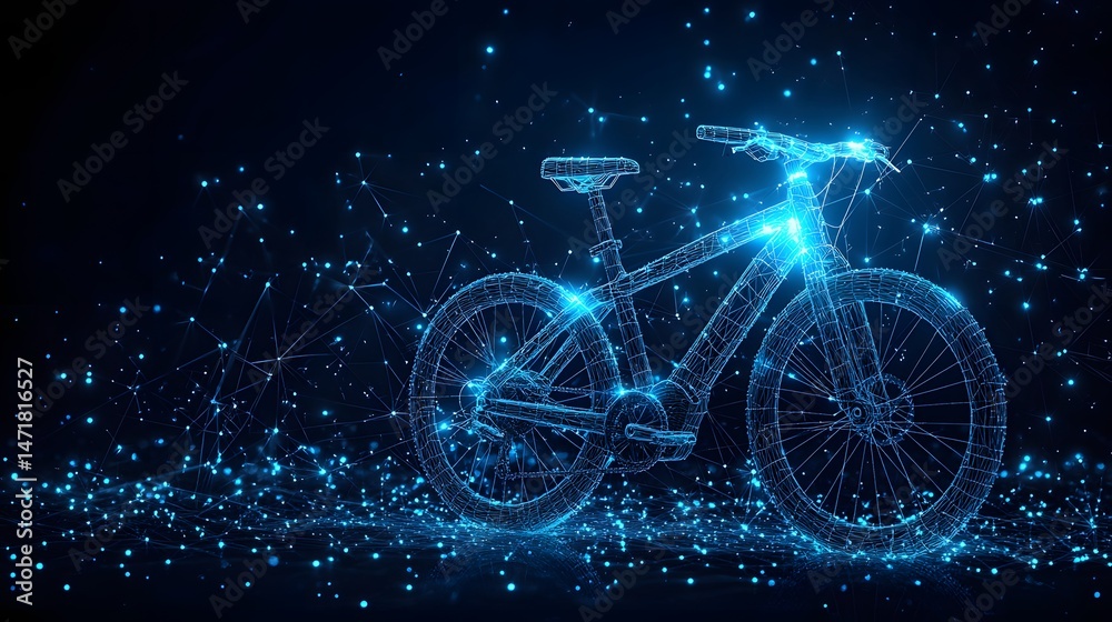 Aufkleber Futuristic wireframe bicycle design with network-like blue lines, creating a technological feel. Perfect for showcasing innovation, connectivity, and modern transportation. Abstract dark blue