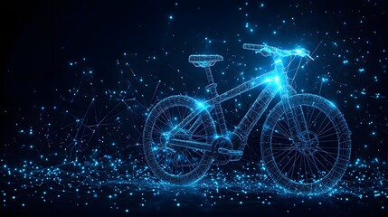 Futuristic wireframe bicycle design with network-like blue lines, creating a technological feel. Perfect for showcasing innovation, connectivity, and modern transportation. Abstract dark blue