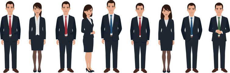 Flat cartoon business people in formal office attire standing in row on white background for team concept