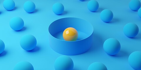 Yellow sphere in round wall excluded from group of blue spheres, group exclusion, team or business management concept