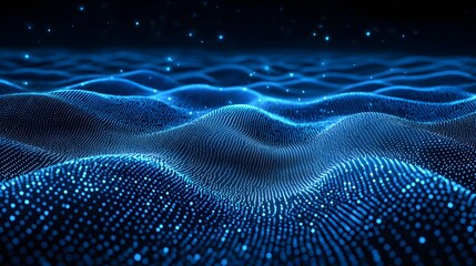 Abstract blue light landscape evokes digital terrain or waves. Densely packed dots create texture fading into darkness. Sparse dots accent the scene, illuminating depth. Abstract dark blue wireframe