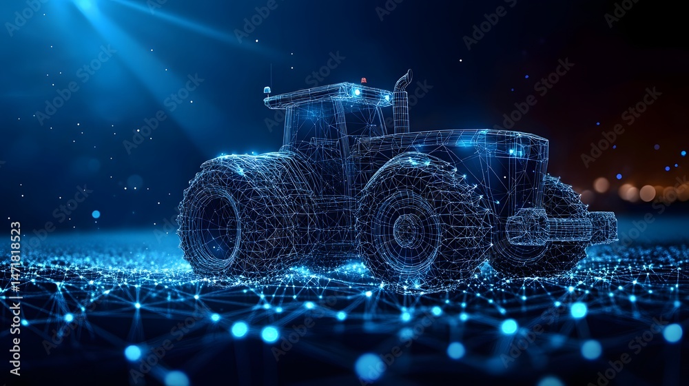 Aufkleber High-tech tractor wireframe on a digital grid symbolizes precision agriculture and automation. Captures modern farming's digital connectivity. Abstract dark blue wireframe