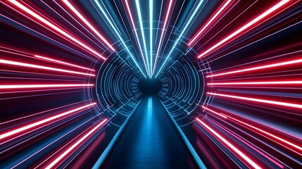Fototapeta premium The image shows a futuristic tunnel with vibrant pink and blue neon lights radiating outwards from a central point. A sleek, dark walkway leads towards a dark circular opening at the end of the tunn