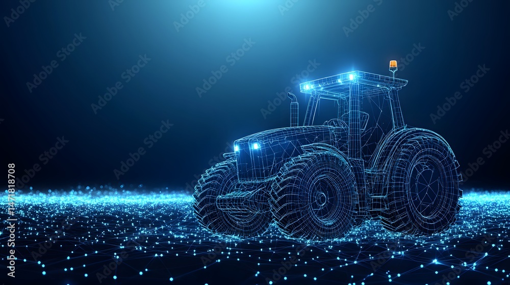 Aufkleber futuristic wireframe tractor gleaming under intense blue light. networked node surface enhances the 