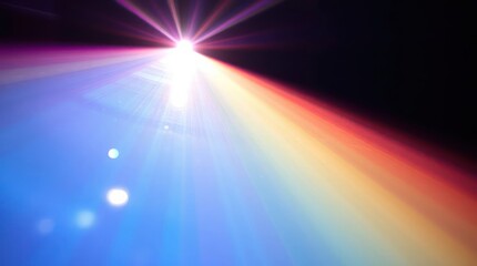 Vibrant light beams radiate from a central source, dispersing into a spectrum of colors against a dark backdrop