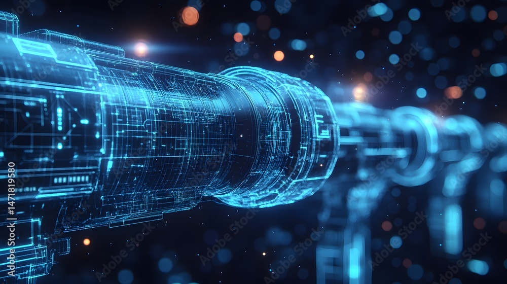 Poster futuristic technology meets artistry! explore a glowing cylindrical structure with blue circuitry ag