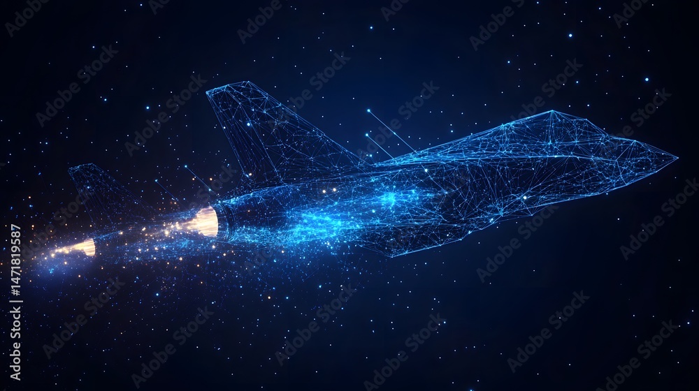 Aufkleber Futuristic fighter jet rendered in interconnected lines against a star-filled space. Emphasizing advanced tech and sci-fi themes. A visually striking image. Abstract dark blue wireframe