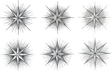 Fototapeta premium Vintage compass stars in hand-drawn black and white style engraving