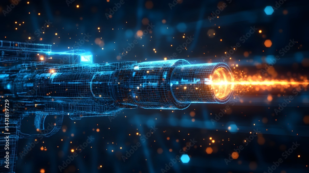 Poster futuristic gun design emitting a powerful energy blast. the wireframe glows blue against a dark back