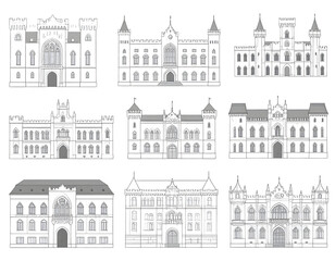Obraz premium Collection of stylized, monochrome historical European-style buildings