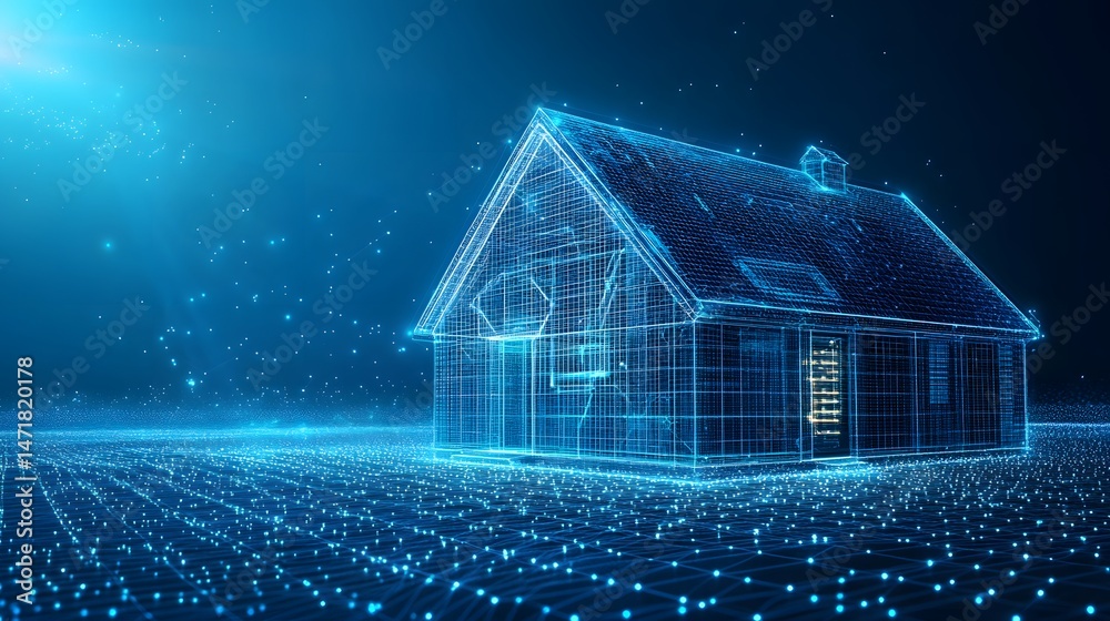 Leinwandbilder Futuristic home concept rendered in glowing blue wireframe. A digital house on a grid, set against a particle field. A modern, high-tech visualization for innovative design. Abstract dark blue