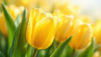 Obraz premium Radiant Yellow Tulip Flowers Fresh Petals and Green Leaves Image