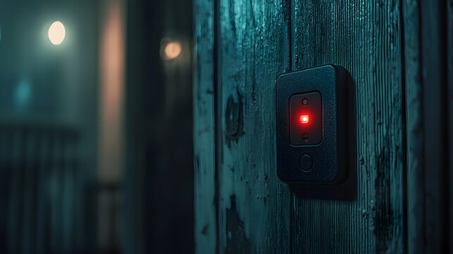 Blinking power switch tagged DO NOT RESET, moment of tension, minimal interface aesthetic, Cinematic Scene