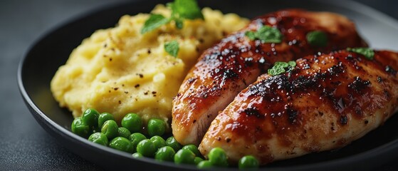 Roasted chicken breast with mashed potatoes and peas.