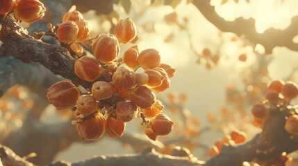 Close-up view of vibrant orange-red flower buds on a branch.