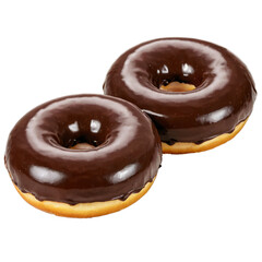 Freshly baked chocolate donuts with colorful sprinkles on a white background