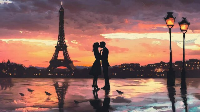 A classic love scene in Paris with the Eiffel Tower in the background, a couple sharing a kiss at twilight