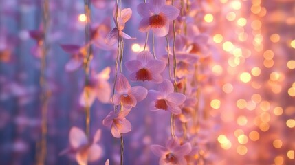 Plakat Delicate pink orchids draped amidst warm lights. Soft, pastel colors create a dreamy ambiance