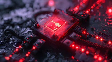 Barcode scanner on damaged cable bundle blinking red, danger signal, minimal product tension, Cinematic Scene