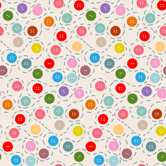 Seamless vector pattern with bright buttons and stitches. For packaging, printing, textiles, children's design