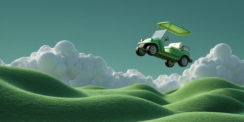 A whimsical landscape with a floating golf cart.